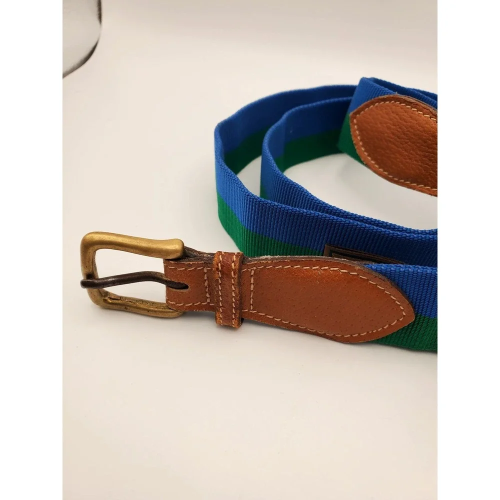 Vintage Trafalgar Brass Buckle Belt Sz XL, Green/Blue Fabric & Leather Detail